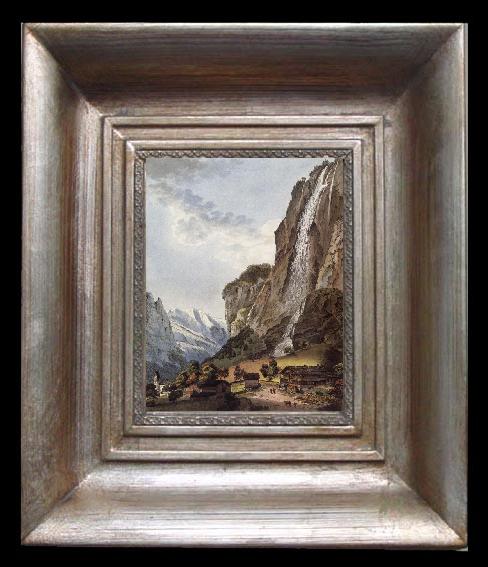 framed  Johann Ludwig Aberli Fall d-eau apellee Staubbach in the Vallee Louterbrunnen, Ta077-2